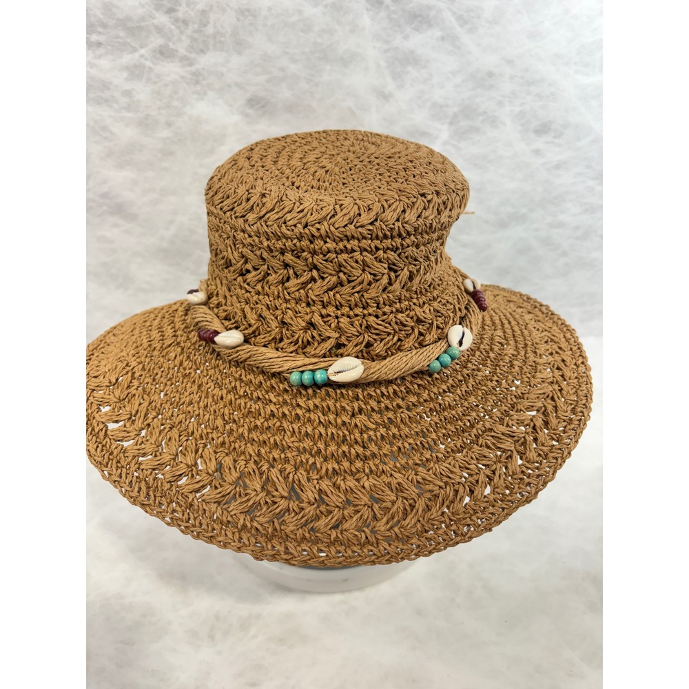 Panama Jack Women Brown Toyo Straw Sun Hat Cowrie Shell Bead Tassel Vacation
